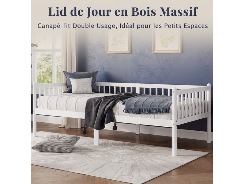  Lit banquette 90x200 cm en bois de pin - canapé-lit blanc avec barrières 3 côtés et 14 lattes  - Conforama D