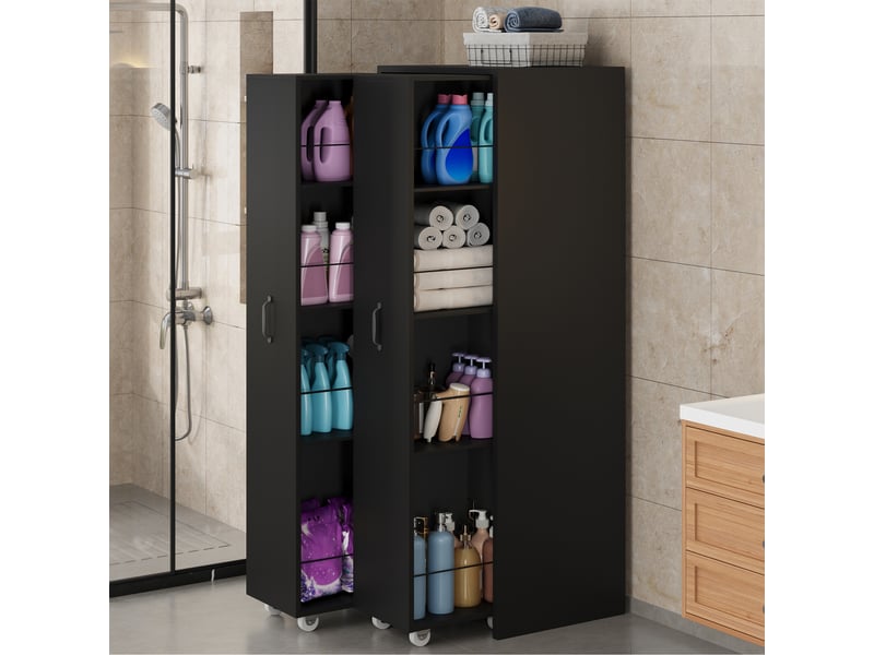  Bibliothèque coulissante - 51.5x41x158cm - meuble de rangement extensible à roulettes, 4 niveaux - noir  - Conforama C