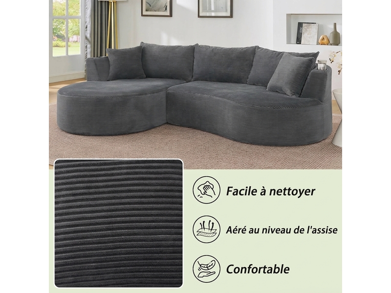  Canapé 3 places avec méridienne gauche design incurvé velours côtelé doux porte-gobelets  - Conforama E