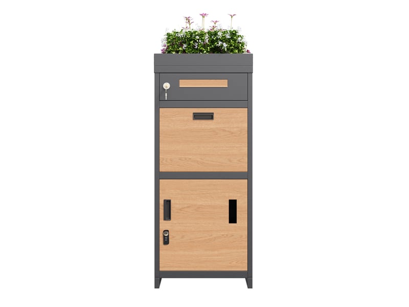  Boîte aux lettres pour colis 50x37x118,5 cm verrouillable métal gris et aspect bois  - Conforama A