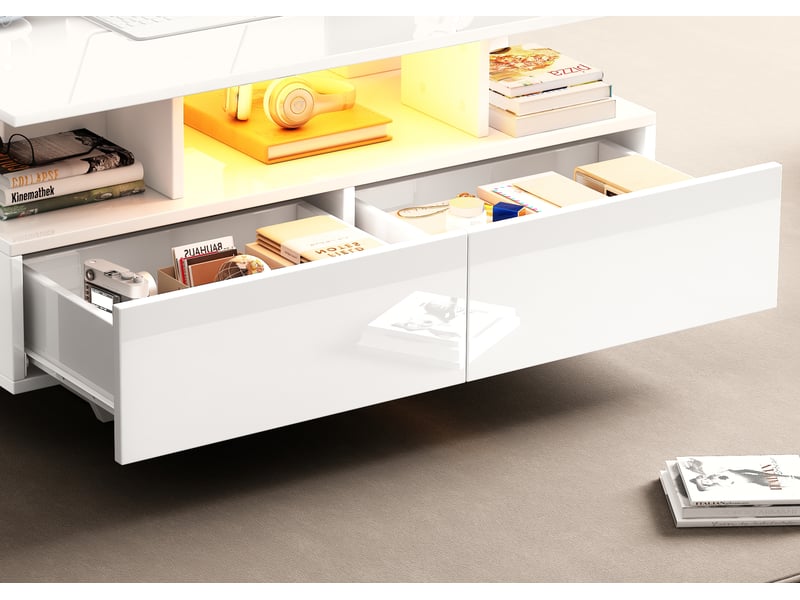  Table basse blanche laquée, table de salon moderne 2 tiroirs, table basse avec éclairage led, 90x55x41 cm, bois, blanc.  - Conforama W
