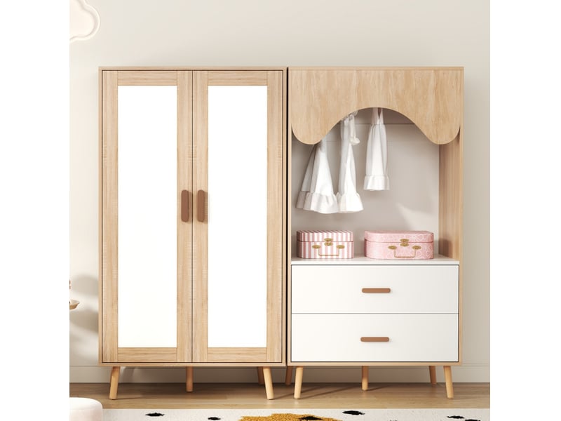  Armoire enfant tcqpz 160 x 46 x 141,5 cm penderie ouverte, 2 portes, 2 tiroirs, mdf, blanc et bois naturel  - Conforama B
