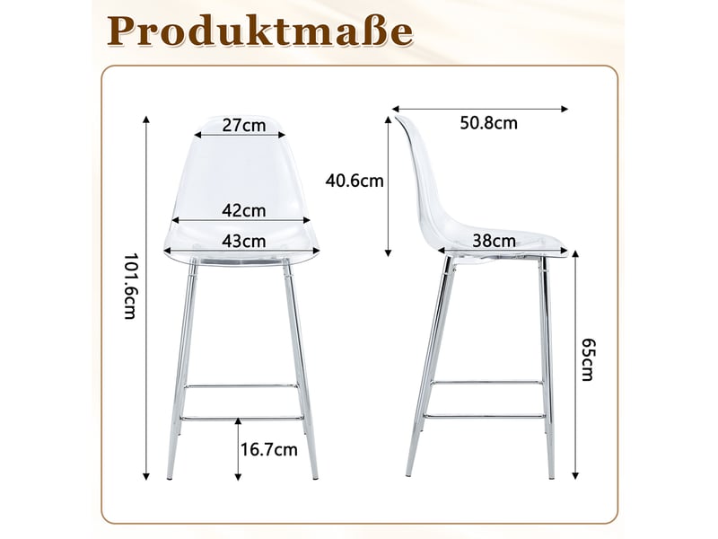  Tabouret de bar lot de 2 avec repose-pieds et design transparent, en plastique argent  - Conforama D