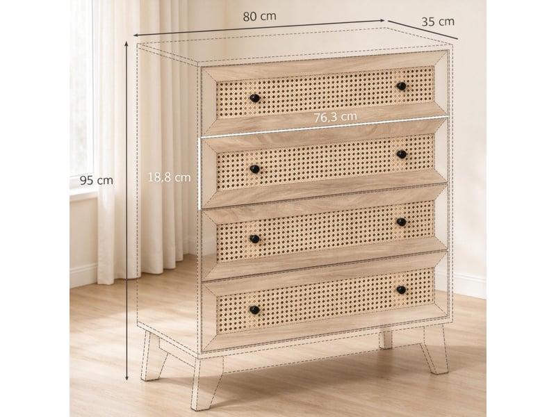  Commode à 4 tiroirs, 80 x 35 x 95 cm, façades en cannage de rotin et pieds surélevés, naturel, effet bois clair  - Conforama C