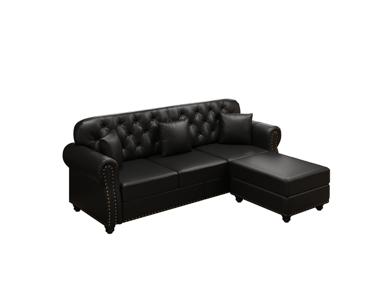 Canapé d'angle ,3 places, avec tabouret simple mobile,décoration tête de clou , 210 × 86×76cm,noir - Conforama A