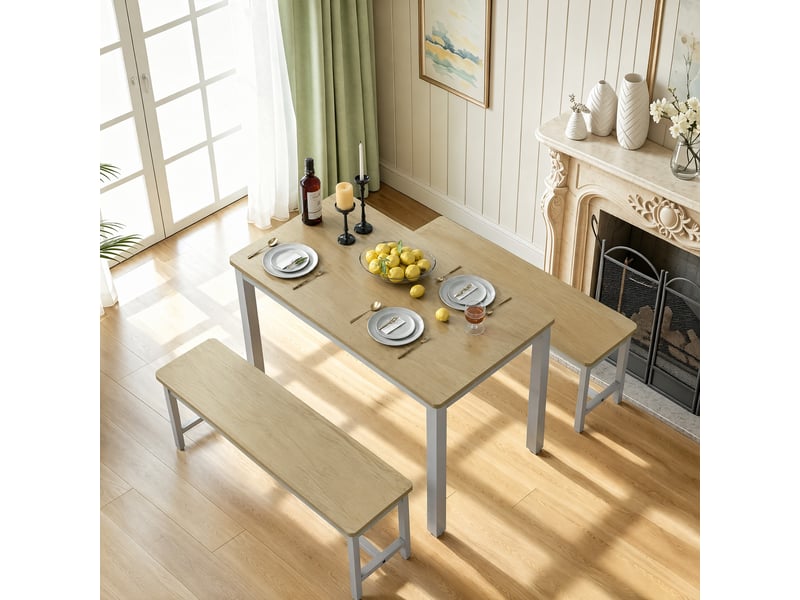  Ensemble table à manger 3 pièces 110x60x76 cm - table avec 2 bancs encastrables – mdf et acier – blanc et naturel  - Conforama B