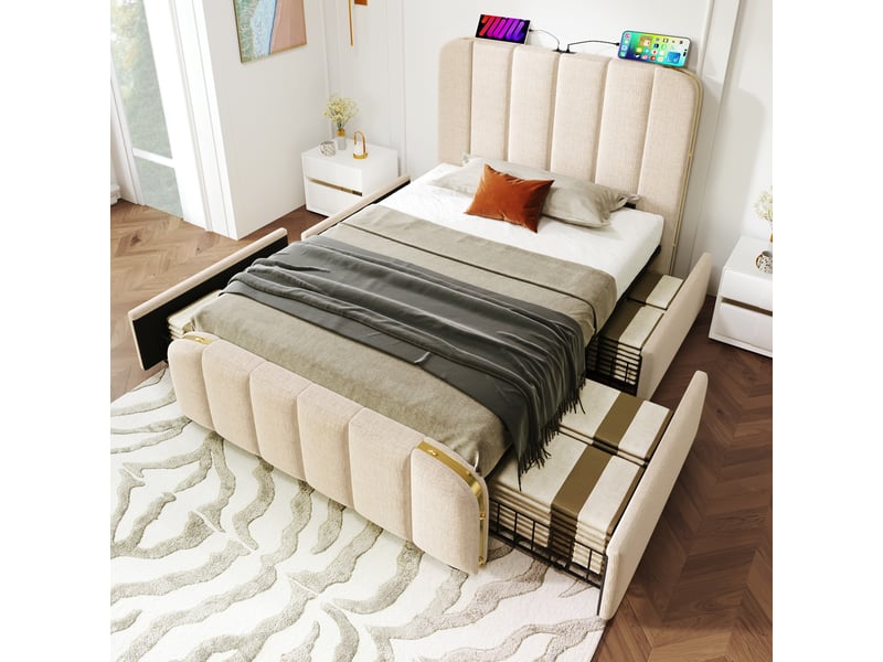  Lit rembourré, lit enfant 90x200 cm, 4 tiroirs, usbusb-c, matelas inclus, lin beige  - Conforama C