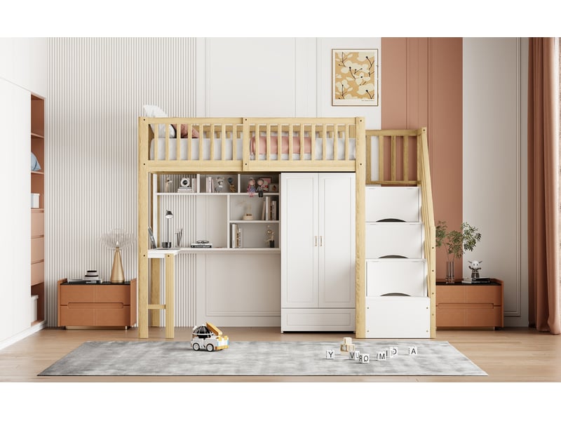  Lit mezzanine 90x200 cm, lit enfant avec armoire, bureau et tiroir, lit 1 place, bois, blanc et naturel, sans matelas  - Conforama B