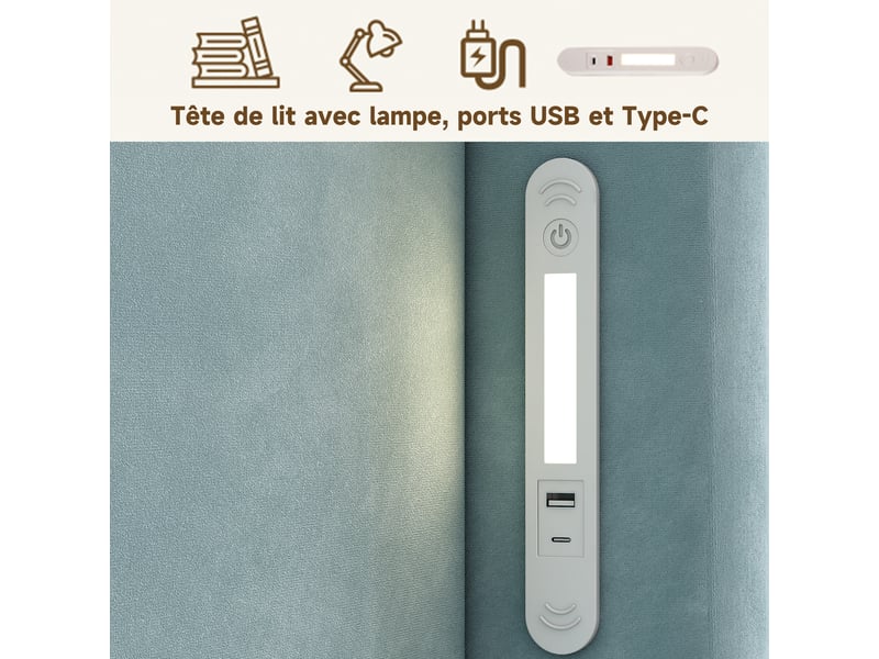 Lit coffre enfant 90 x 200 cm avec rangement hydraulique, sommier à lattes, tête de lit rembourrée, led et usb-c, velours - bleu OMNIGLINT TRADING LTD - Conforama E