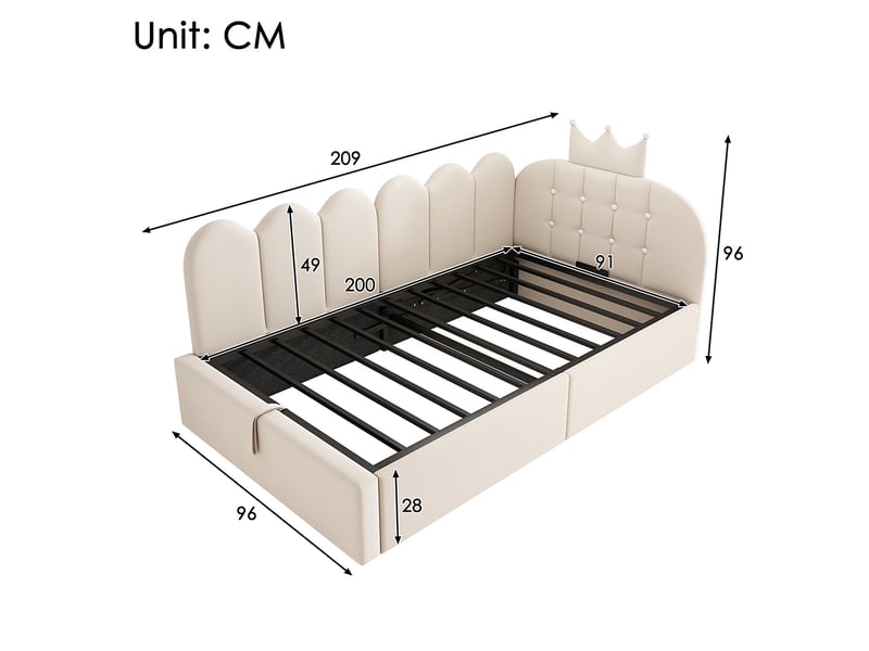  Lit simple rembourré 90 x 200 cm, canapé-lit avec hydraulique rangement, lit enfant avec couronne, sommier à lattes, velours beige  - Conforama D