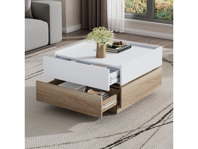  Table basse pivotante 360 carrée 60x60cm, table de salon avec 2 tiroirs, blanc et noyer  - Conforama E