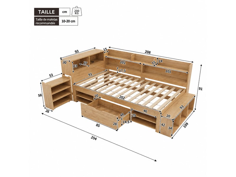  Lit simple 90x200 cm naturel avec tiroirs de rangement, étagères, tables de chevet et charge sans fil  - Conforama C