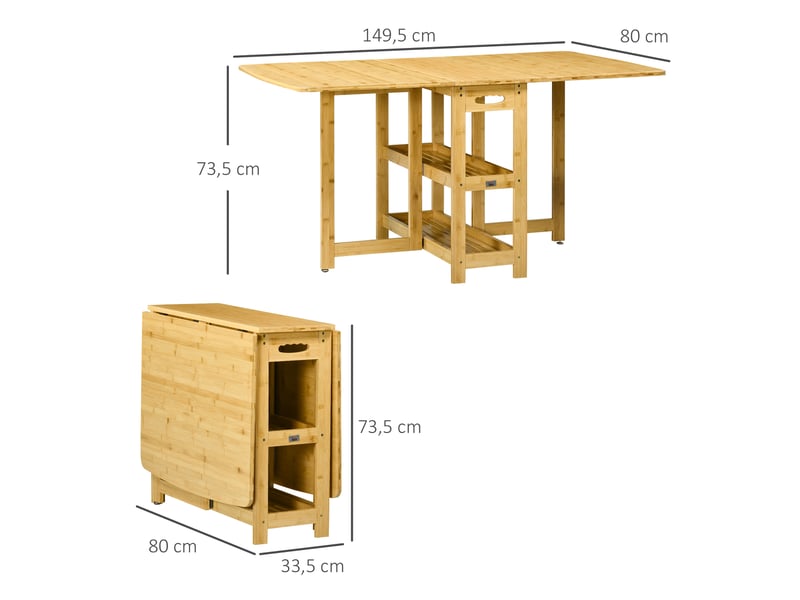  Table pliante, table à manger, deux côtés rabattables, deux étagères, pieds réglables, bambou, 149,5 x 80 x 73,5 cm  - Conforama E