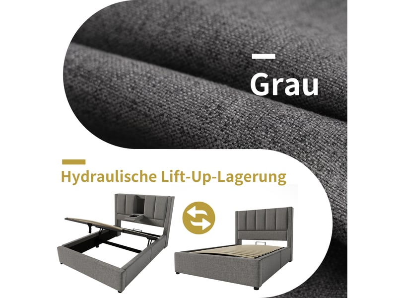  Lit coffre 90 x 200 cm avec sommier relevable, sans matelas, gris  - Conforama E