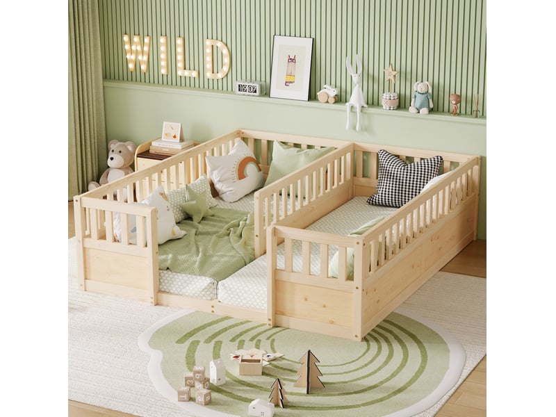  Lit au sol pour 2 enfants, 2x90x200 cm, en pin naturel avec barrières  - Conforama D