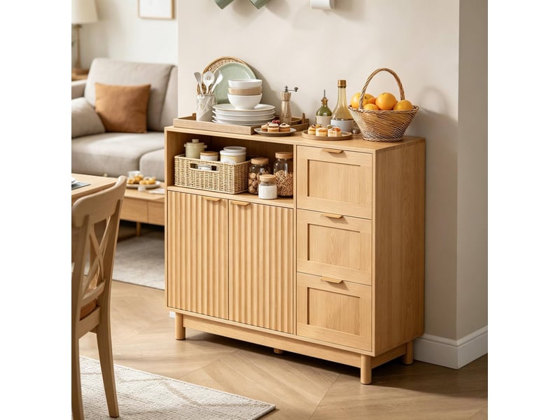  Buffet 90x35x80 cm à 3 tiroirs en mdf et panneaux de particules, effet bois  - Conforama B