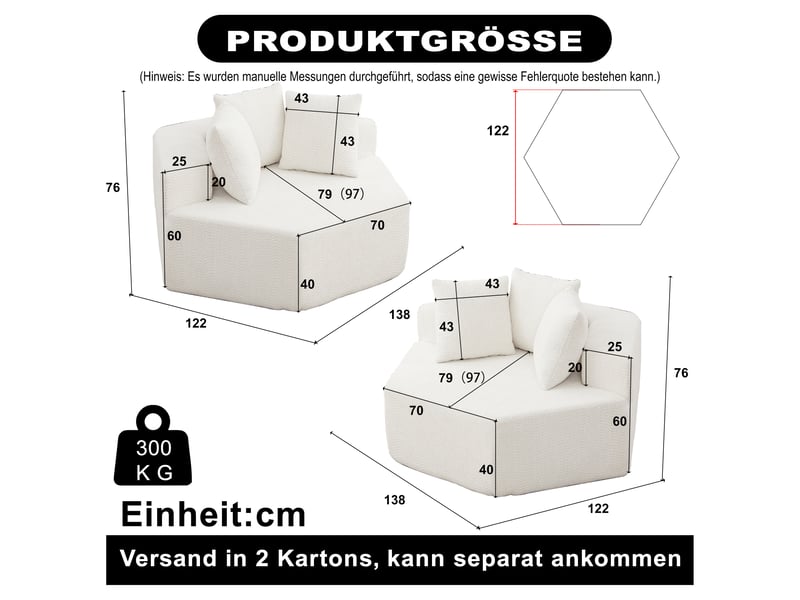  Fauteuil simple - 122x138x76cm -  modulables en chenille bouclée avec 6 coussins &amp; ressorts ensachés - blanc  - Conforama E