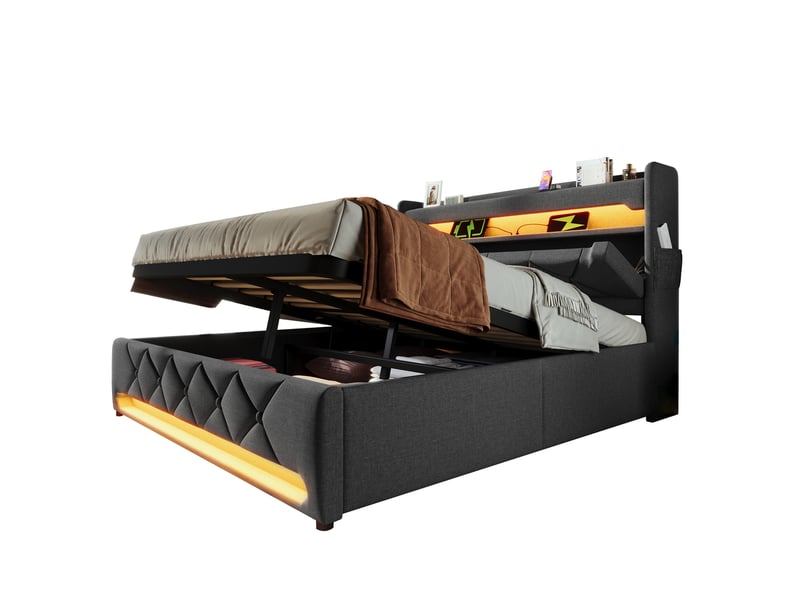  Lit coffre, lit double 160x200 cm, rangement hydraulique, tête de lit avec rangement, led 360°, usbusb-c, lin gris, matelas inclus  - Conforama B