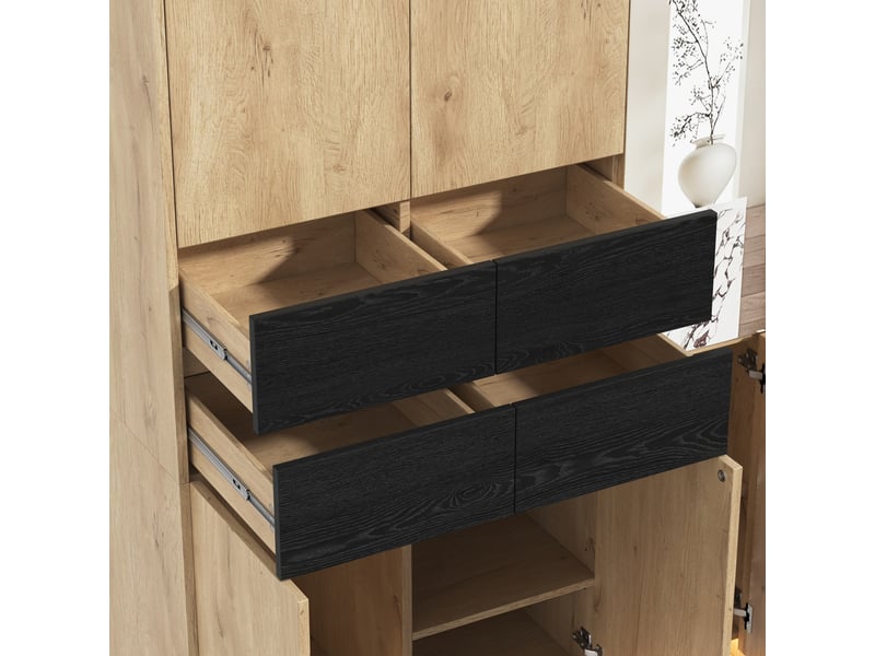  Armoire 4 portes avec miroir, led, 2 penderies et 4 tiroirs, 110 × 47 × 200 cm, effet chêne  - Conforama E