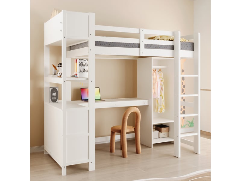  Lit mezzanine 90x200 cm avec bureau, étagères, armoire, sans matelas, blanc, rangement pour enfant sûr  - Conforama C