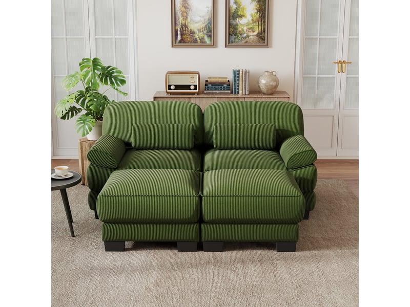 Canapé 2 places modulable avec 2 poufs, structure stable, assise profonde, coussins épais, tissu cord doux, salon appartement, vert - Conforama D