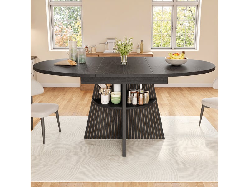  Table à manger extensible 110-150x110x76 cm, rangement ouvert, mdf et métal noir  - Conforama D