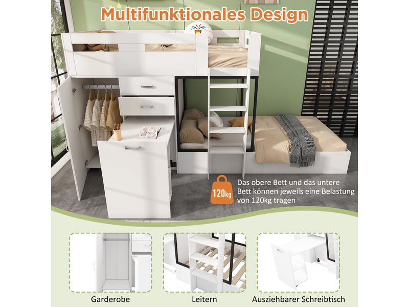 Lit superposé enfant, lit enfant multifonction avec bureau escamotable, armoire et tiroirs, lit 90x200 cm blanc, sans matelas. - Conforama D