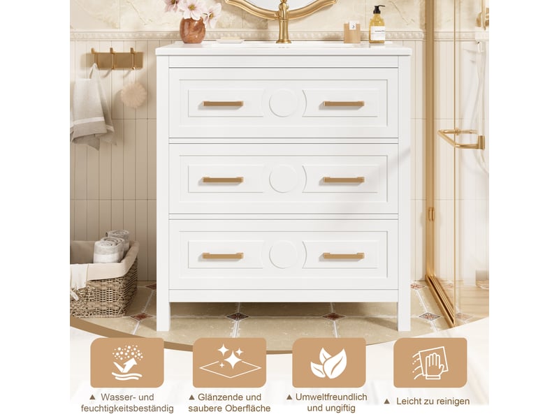  Meuble sous-vasque sur pied avec vasque céramique 3 tiroirs blanc 76.5x47x82 cm  - Conforama E