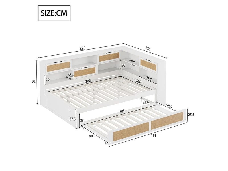  Lit combiné bois massif 140x200 avec lit gigogne lit d'enfant avec de nombreux compartiments de rangement et prise de courant  - Conforama D