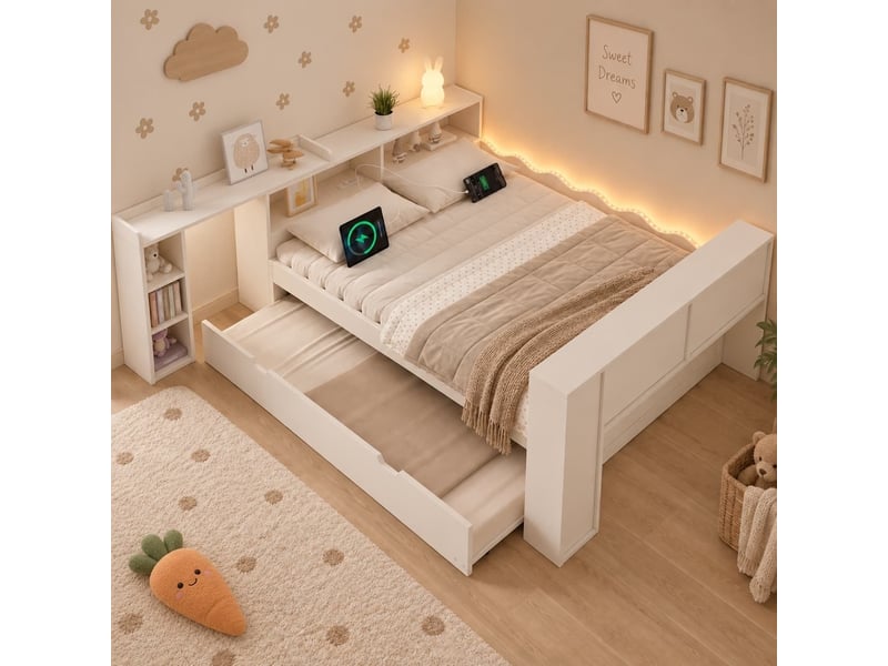  Lit gigogne, 140x200 cm, lit en bois avec éclairage led et bureau coulissant, tête de lit modulable avec compartiments, blanc  - Conforama D
