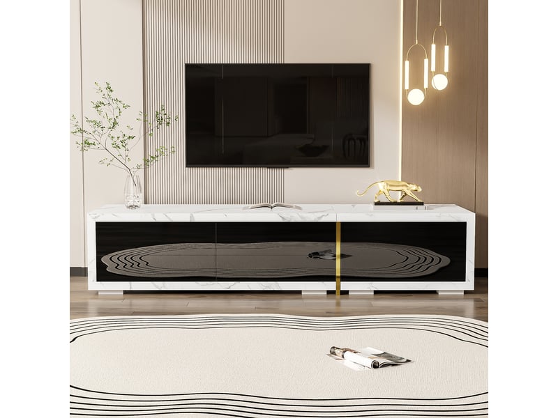  Meuble tv extensible 140-260 cm - blanc effet marbre, finitions noir brillant et mat, détails dorés, plateau rotatif  - Conforama E