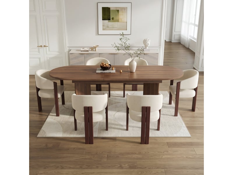  Ensemble table extensible 160200x90 cm 6-8 pers. + 6 chaises ergonomiques, tissu respirant, pieds métal effet bois réglables  - Conforama R