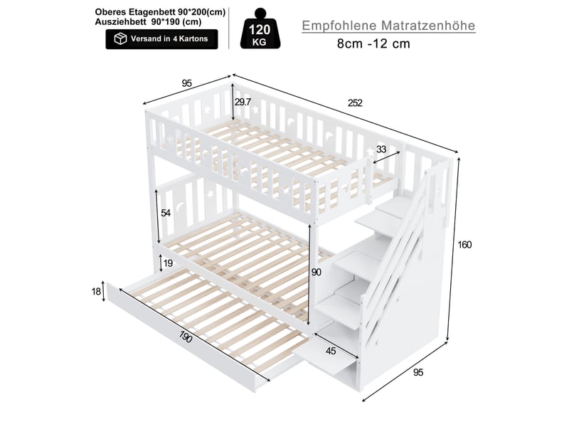  Modenvie lit superposé enfant 90x200 cm - avec lit gigogne et rangements, sans matelas - blanc  - Conforama C