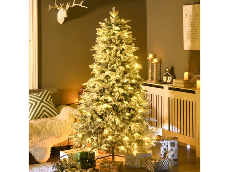  Sapin de noël artificiel, avec neige artificielle et lumières led, 180 cm, vert et blanc  - Conforama B