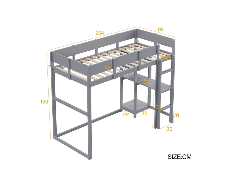  Modenvie lit mezzanine 90x200 cm - avec étagère intégrée, gain de place - pour chambre d'enfant - gris  - Conforama C
