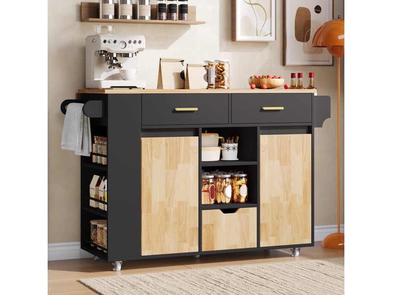  Île de cuisine mobile avec plaque de travail rabattable, chariot de cuisine et armoire de rangement avec rayon d'épices à 3 niveaux, 3 grands tiroirs et roues à verrouillage, 120 × 45(71) × 90 cm  - Conforama D