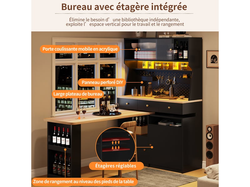  Armoire haute 137 x 74 x 177,7 cm avec bureau et bar intégrés, led pilotée par application et portes vitrées, noir  - Conforama C