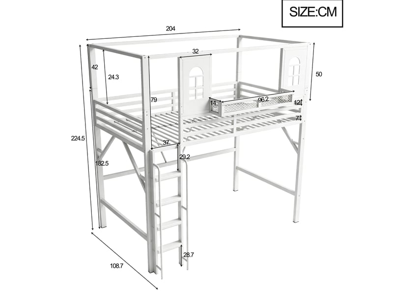  Lit mezzanine enfant 90x200 cm, toit maison, échelle, fenêtres décoratives, métal et mdf, blanc sans matelas  - Conforama C