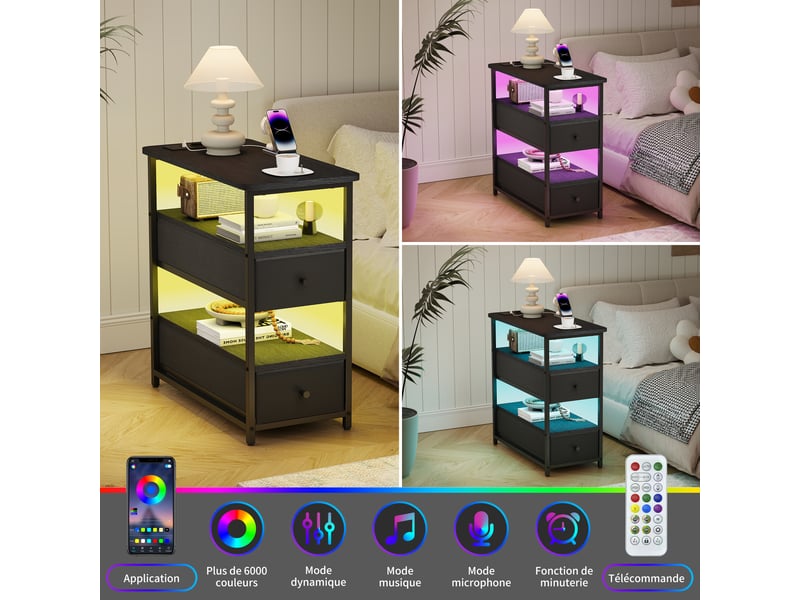 Table de chevet noire 4 niveaux – 2 tiroirs + led rgb, ports usbc & eu, 58×28×60,5 cm  - Conforama D