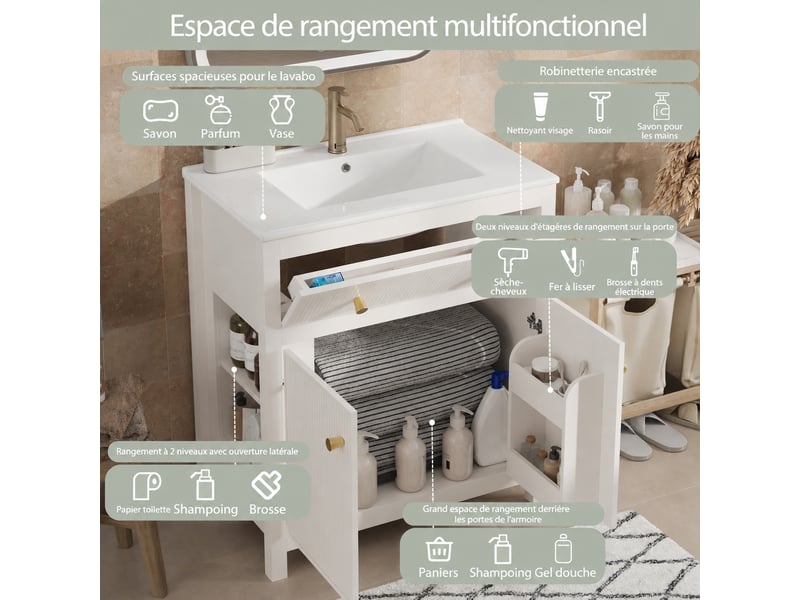  Meuble sous vasque blanc 81 cm avec vasque en céramique, façade cannelée et rangements  - Conforama E