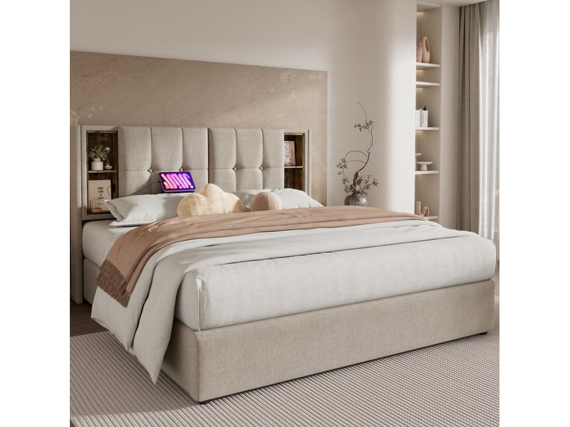  Lit coffre tcqpz 160 x 200 cm avec recharge sans fil usb-c et usb, tête de lit avec rangements, lin naturel  - Conforama D