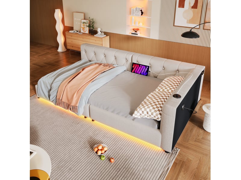  Lit banquette 90x200 cm avec led, usb et usb-c coloris beige  - Conforama B