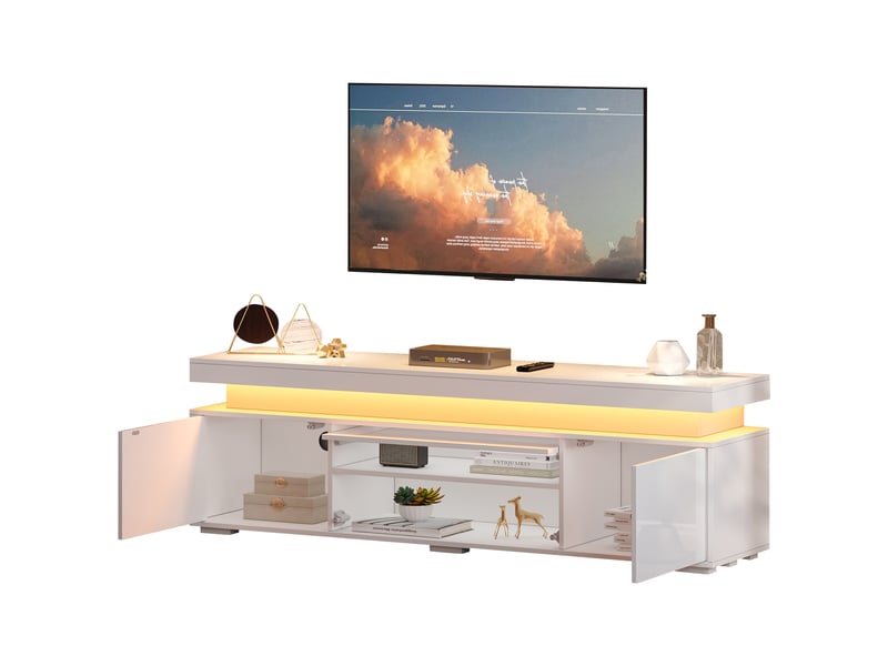  Meuble tv blanc brillant 150 cm avec led, 3 portes, panneau de particules, charge 60 kg  - Conforama A