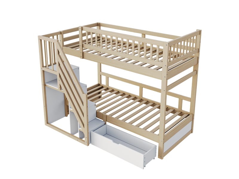 Lit superposé 90 x 200 cm, couchages superposés, escalier, tiroirs de rangement, sommier à lattes, pour la chambre, bois massif, bois naturel et blanc ABC - Conforama A