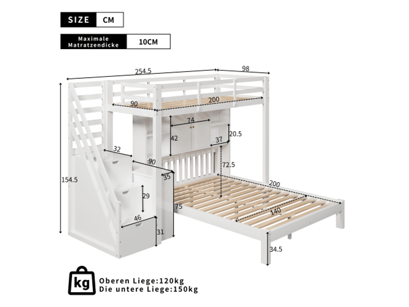  Lit enfant 90x200cm+140x200cm,lit superposé en bois massif avec étagères,table mobile,escalier avec rangement et garde-corps,blanc lit enfant blanc - Conforama C
