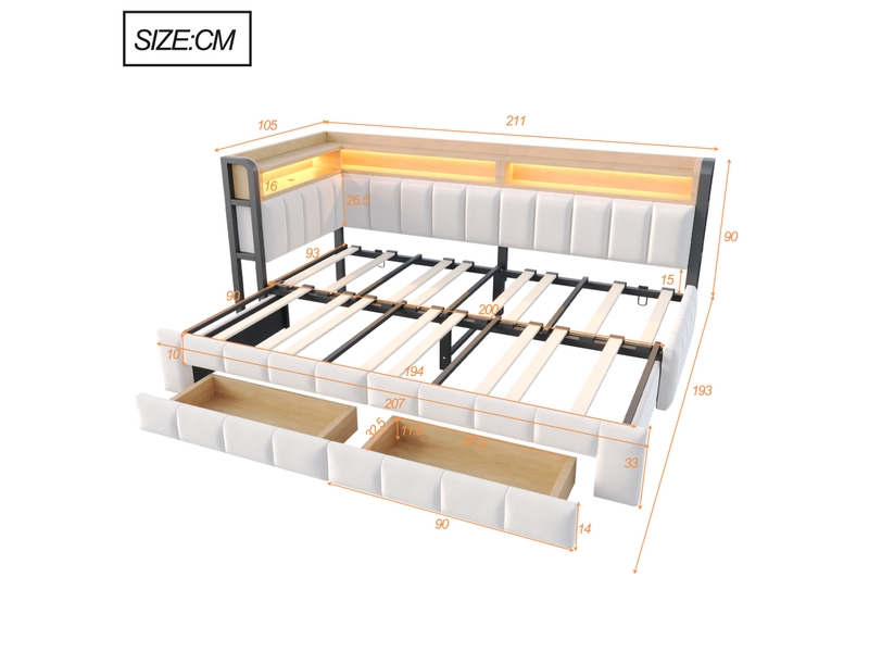  Lit banquette extensible 90 à 180 × 200 cm, avec rangement, tiroirs, étagères, led, usb-c, velours capitonné beige  - Conforama C
