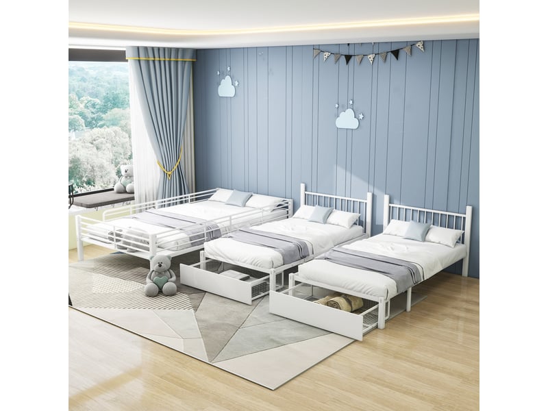  Lit superposé triple séparable avec 2 tiroirs, métal blanc, couchages 140x200 et 90x200 cm  - Conforama D