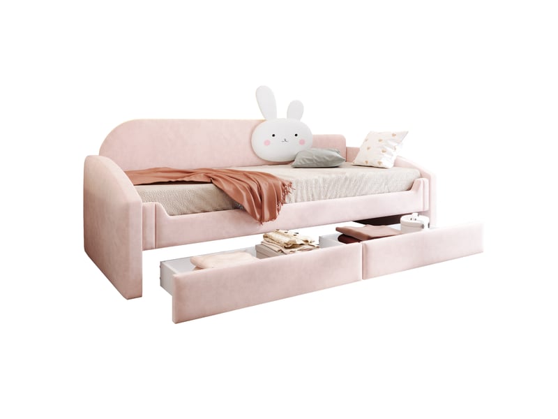 Lit enfant canapé 90 x 200 cm avec led, 2 tiroirs, velours rose et coussin lapin  - Conforama A
