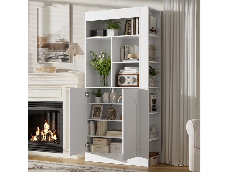  Meuble de rangement avec 2 portes, étagères ouvertes et tablettes réglables pour salon blanc 85 × 35 × 180 cm  - Conforama D