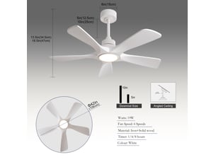 Ventilateur de plafond 42 pouces avec led, télécommande, 6 vitesses et mémoire de coupure, blanc homvra